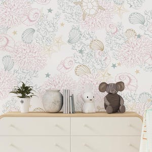 SEASHELL NURSERY WALLPAPER Caretta Caretta Kids Mural Oceanic Nursery Mural Pastel Colour Mural Underwater Wall Covering Custom Mural