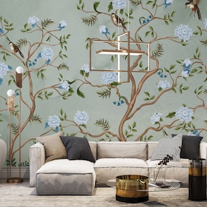 FLORAL CHINOISERIE WALLPAPER. Watercolor Blossom Trees Wallpaper. Vintage Style Chinoiserie Mural. Trees, Birds Asian Art Pattern Wallpaper