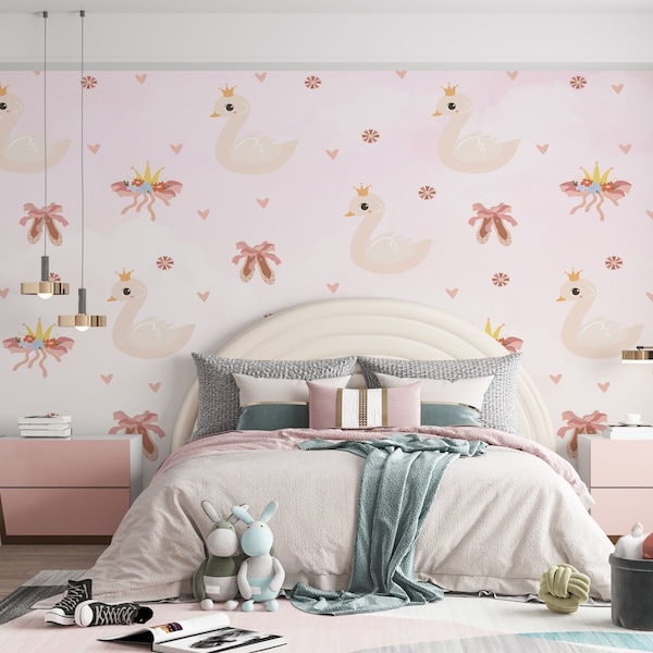 PRINCESS SWAN WALLPAPER. Watercolour Nursery Wallpaper. Ballerina Swan Baby Girl Wall Mural. Floral Kids Room Mural. Ballerina Wallpaper