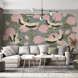 CARTA DA PARATI CHINOISERIE FLOREALE. Carta da parati Rose. Murale Chinoiserie in stile vintage. Carta da parati Gru. Murale dal design tradizionale giapponese