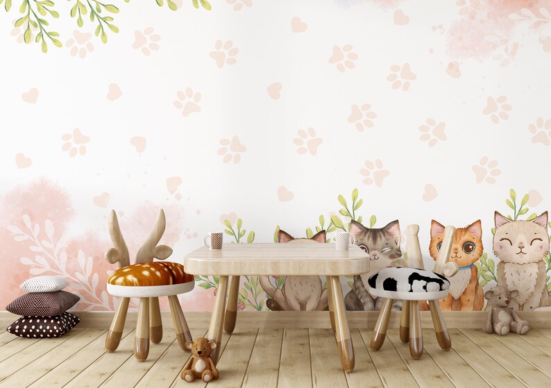 KITTEN NURSERY WALLPAPER. Cat Nursery Mural. Baby Girl Pastel Etsy