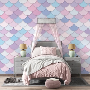 MERMAID GIRL WALLPAPER. Colored Fish Scale Nursery Wallpaper. Modern Baby Girl Pastel Colors Mural. Customizable Color Mermaid Mural