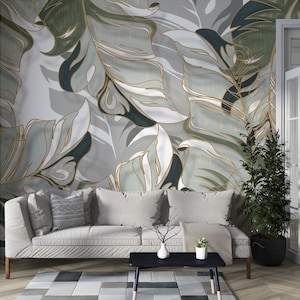 BIG LEAVES WALLPAPER. Green Tropical Wallpaper. Modern Exotic Leaf Wall Mural. Watercolor Banan Leaves Wallpaper