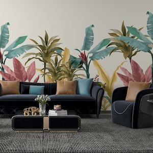 BANANENBAUM TAPETE. Moderne tropische Tapete. Banan Dschungel Wandbild. Wallpaper von mehrfarbigen Bananenblättern. Wald Tapete. Blätter Wandbild