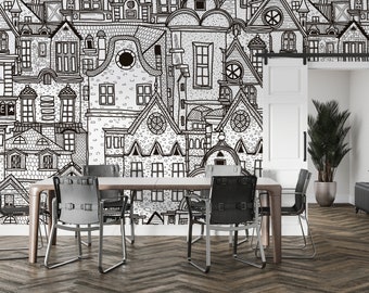AMSTERDAM CITY WALLPAPER. Retro Houses Wallpaper. City Illustrated Mural. Traditional Europian Town Houses Wallpaper.