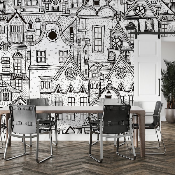 AMSTERDAM CITY WALLPAPER. Retro Houses Wallpaper. City Illustrated Mural. Traditional Europian Town Houses Wallpaper.