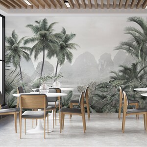 LANDSCHAFT TAPETE. Wallpaper von Palmen. Modernes Tropisches Wandbild. Tropische Landschaft Wandbild. Wald Tapete.