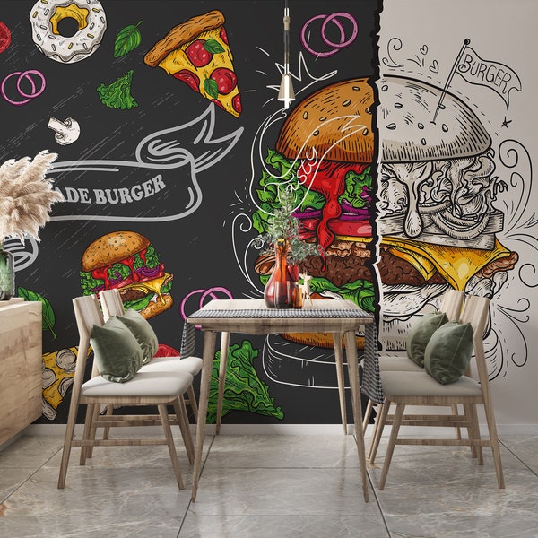 BIG HAMBURGER WALLPAPER. Fastfood Restaurant Wallpaper. Cafe Mural. Retro Style Customizable Wallpaper. Cafe Wallpaper
