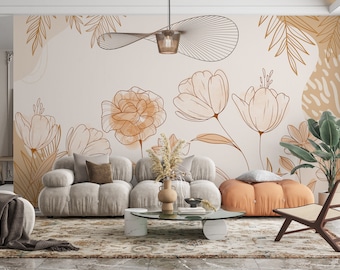 FLORAL MIDCENTURY WALLPAPER. Retro Boho Wallpaper. Abstract Design Flowers Mural. Modern Mid Century Wallpaper. Floral Wallpaper