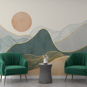 CARTA DA PARATI GIAPPONESE ASTRATTA Montagne Murale Boho Murale Decorazione murale contemporanea Carta da parati di montagna Zen Home Decor Moderno giapponese Onda Murale