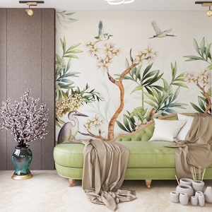 CRANES CHINOISERIE WALLPAPER. Watercolor Blossom Trees Wallpaper. Vintage Style Chinoiserie Mural. Trees, Egret Wallpaper. Chinoiserie Print