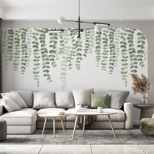 EUCALYPTUS LEAF WALLPAPER Watercolor Tropical Wallpaper Green Leaves Mural Tropica Mini Leaves Wallpaper Tropical Boho Wallpaper