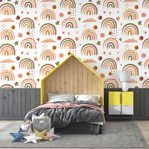 RAINBOW WALLPAPER Rainbow Nursery Wallpaper Watercolor Kids Mural Cute Kids Room Wallcovering Boho Nursery Mural Pastel Colours Mural
