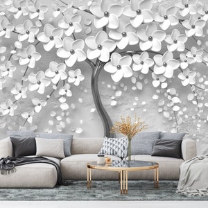 CARTA DA PARATI 3D LOOK. Carta da parati floreale vintage. Murale con albero di fiori bianchi. Carta da parati con fiori effetto 3D. Murale floreale romantico.
