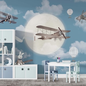 NURSERY AIRPLANE WALLPAPER. Historycal Aircraft with Moon Wallpaper. Baby Boy Kids Mural. Customizable Nursery Wallcovering.