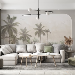 VINTAGE FOREST WALLPAPER. Water Color Trees Wallpaper. Vintage Tropical Mural. Tropical Landscape Wall Mural. Forrest Wallpaper.