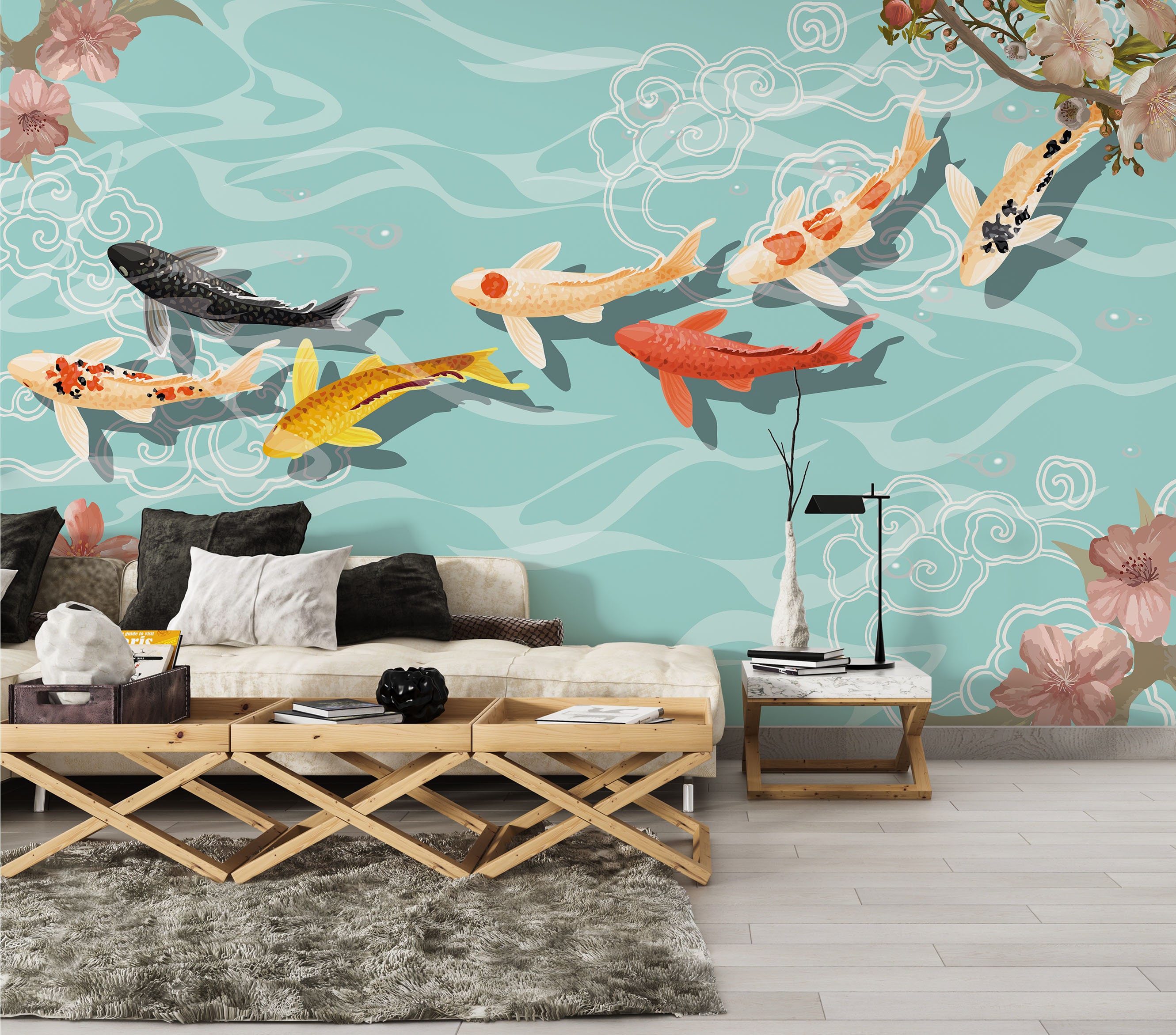 KOI FISH WALLPAPER. Asian Art Wallpaper. Modern Chinoiserie Wallpaper ...