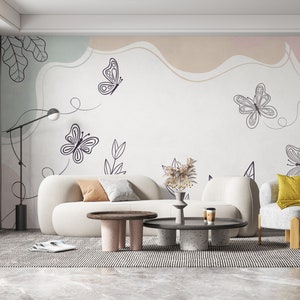 LINE ART WALLPAPER. Retro Abstract Mural. Boho Wallpaper. Butterfly Mural. Mid-Century Modern Wallpaper. Mid Century Modern Mural