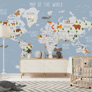 WELTKARTE TAPETE . Tiere Weltkarte Kinder Wallpaper. Tiere Kinderzimmer Wandbild. Babyzimmer Moderne Tapete Karte Wandbild. Kinderzimmer Karte Wandbild