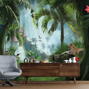 RAINFOREST WALLPAPER.Tropical Wallpaper.Jungle Wallpaper.Tiger Wall Mural.Nature Wallpaper.Landscape Mural.