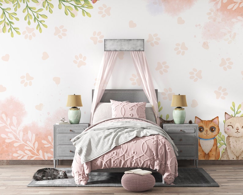 KITTEN NURSERY WALLPAPER. Cat Nursery Mural. Baby Girl Pastel Etsy
