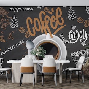 CARTA DA PARATI PER CAFFETTERIA. Carta da parati per bar. Murale per bar retrò. Carta da parati per bar personalizzabile. Murale per bar rimovibile. Murale con tazza di caffè vintage
