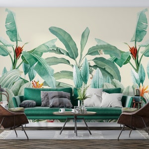 TROPISCHES BLATT TAPETE. Wallpaper von Bananenblättern. Exotisches Wandbild. Natur Tapete. Landschaft Wandbild. Bananenstaude Wandbild.