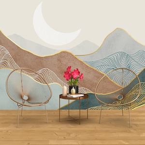 CARTA DA PARATI BOHO GIAPPONESE Montagne Murale Decorazione murale contemporanea giapponese Carta da parati Montagna Decorazione per la casa Zen Murale moderno con onde giapponesi