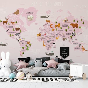 KINDERZIMMER KARTE TAPETE. Tiere Weltkarte Kinder Wallpaper. Kinderzimmer Karte Wandbild. Personalisierbare Baby Zimmer Karte Wallpaper. Hübsche Kinder Tapete