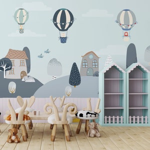 CARTOON VİLLAGE WALLPAPER Hot Air Balloons Kids Wall Mural Magical Forest Nursery Wallpaper Customizable Pastel Colors Nursery Mural