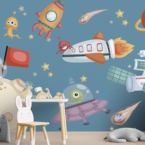 CARTA DA PARATI PER BAMBINI DELLO SPAZIO. Carta da parati con pianeti e luna. Murale per bambini UFO. Rivestimento murale personalizzabile per la cameretta dei bambini. Carta da parati con astronavi. Carta da parati con astronauti