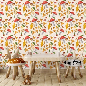 PAPEL PINTADO DE SETAS. Papel pintado de guardería con motivos campestres. Mural infantil con acuarela de otoño. Mural infantil con plantas silvestres.