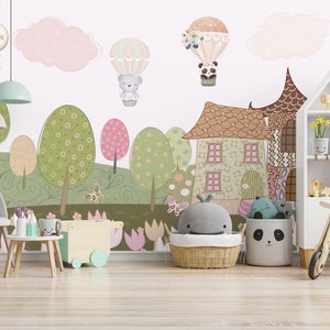 FAIRYTALE WALLPAPER. Hot Air Balloons Nursery Wallpaper. Baby Girl Mural. Pastel Colour Nursery Wallcovering. Forest Kids Wallpaper.