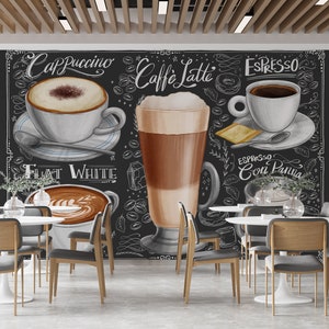 COFFEE SHOP WALLPAPER. Coffee Lover Mural. Cappiccino Wallpaper. Cafe Mural. Custom Design Print Gray Background Cafe Wallpaper.