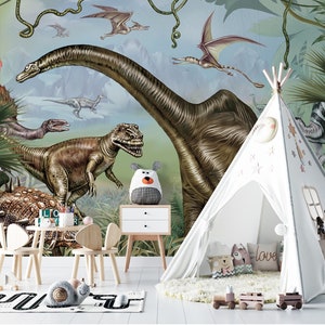 FONDO DE PANTALLA DE DINOSAURIOS EN ACUARELA. Fondo de pantalla de guardería jurásica. Fondo de pantalla de bosque de dinosaurios. Mural infantil de la prehistoria. Fondo de pantalla de Jurassic World