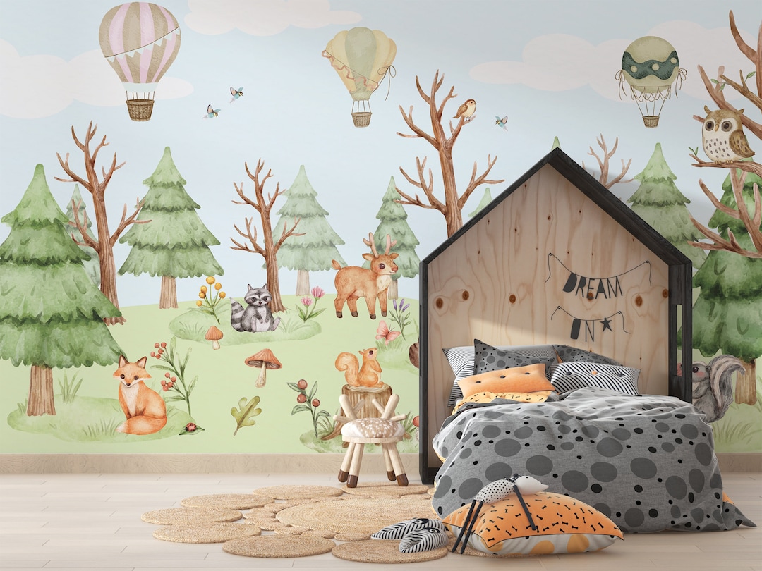 WOODLAND WALLPAPER. Cute Baby Animals Nursery Wallpaper. Watercolor