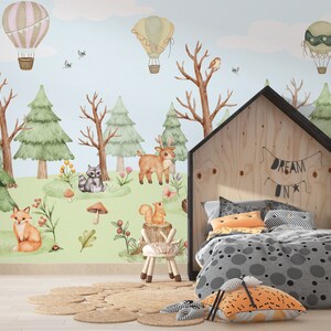 WOODLAND WALLPAPER. Cute Baby Animals Nursery Wallpaper. Watercolor Jungle Kids Wallpaper.Forest Mural. Colourful Nursery Mural