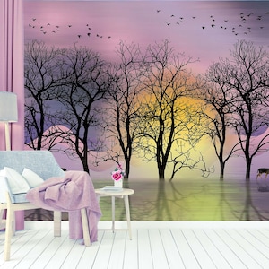SUNSET LANDSCAPE WALLPAPER. Forest And Deers Pastel Colors Mural. Modern Jungle Wallpaper. Forest Mural. Landscape Mural. Lake wallpaper