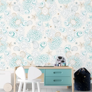 SEASHELL NURSERY WALLPAPER. Caretta Caretta Kids Mural. Oceanic Nursery Mural. Pastel Colour Mural. Underwater Wall Covering.