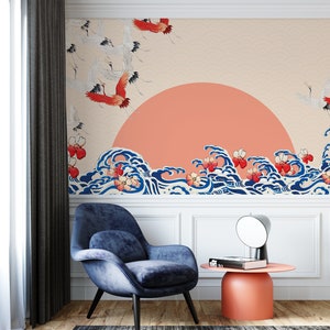 CARTA DA PARATI CRANES. Carta da parati Chinoiserie Waves. Murale giapponese moderno. Carta da parati Seascape. Murale asiatico. Carta da parati Sunset. Carta da parati Sakura