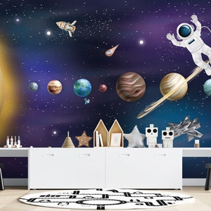MURALE SPAZIALE Carta da parati per camera dei bambini a tema spaziale Carta da parati per bambini del pianeta Avventura dell'astronauta Carta da parati personalizzabile per la cameretta dei bambini Arte della parete dell'astronauta