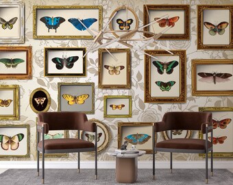 BUTTERFLY VINTAGE WALLPAPER. Digital Wallpaper Print. Floral Background Detail Unique Wallpaper Mural. Papillon Wall Mural Baroque Wallpaper