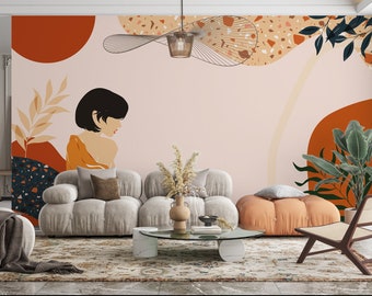Papel pintado de mujer bohemia: mural abstracto moderno de mediados de siglo