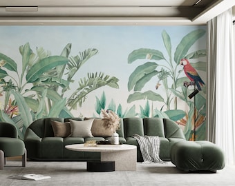 Tropical Macaw Wallpaper: Big Leaves Watercolor Parrot Mural