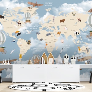 Papier peint pour carte d'avions, carte du monde des animaux, papier peint pour enfants, ballon à air chaud, papier peint pour chambre de bébé, papier peint nordique pour chambre de bébé, carte de chambre de bébé