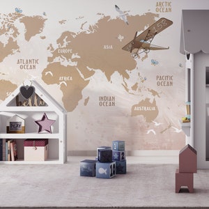 WELTKARTE TAPETE . Flugzeuge Kinderzimmer Wallpaper. Weltkarte Wandbild. Historische Flugzeuge Wandbild für Kinder. Kontinente Wandbild. Landkarte Wallpaper