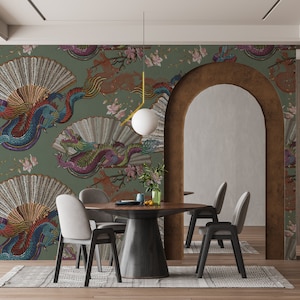 ASIAN DRAGON WALLPAPER. Japanese Wallpaper. Dragons and Fan Wall Mural. Traditional Chinese Wallpaper.