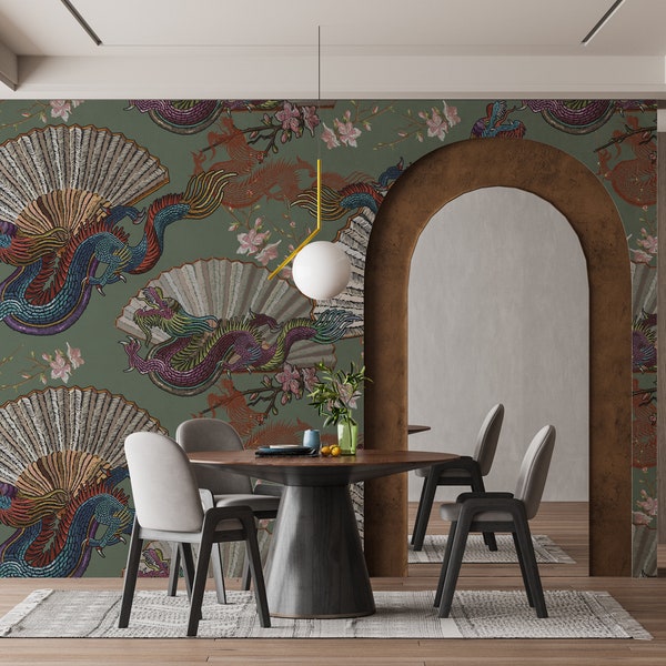 ASIAN DRAGON WALLPAPER. Japanese Wallpaper. Dragons and Fan Wall Mural. Traditional Chinese Wallpaper.