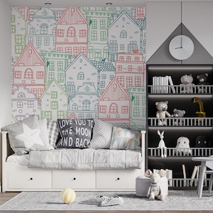 COLOURFUL HOUSES WALLPAPER. Historical European Houses Kids Mural. Colourful Nursery Wallpaper. Little Town Wallpaper