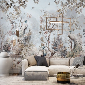 PEACOCK CHINOISERIE TAPETE Aquarell Blossom Trees Wallpaper Asiatische Art Wall Art Chinoiserie Wandbild Tapete Dekorative Wand-Papier